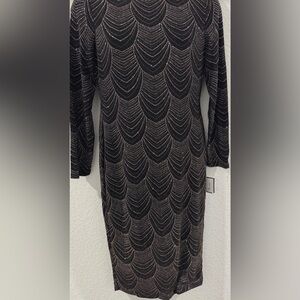 Nine West Black and Bronze Silver Long Sleeve Midi Mock Neck Dress Size 6